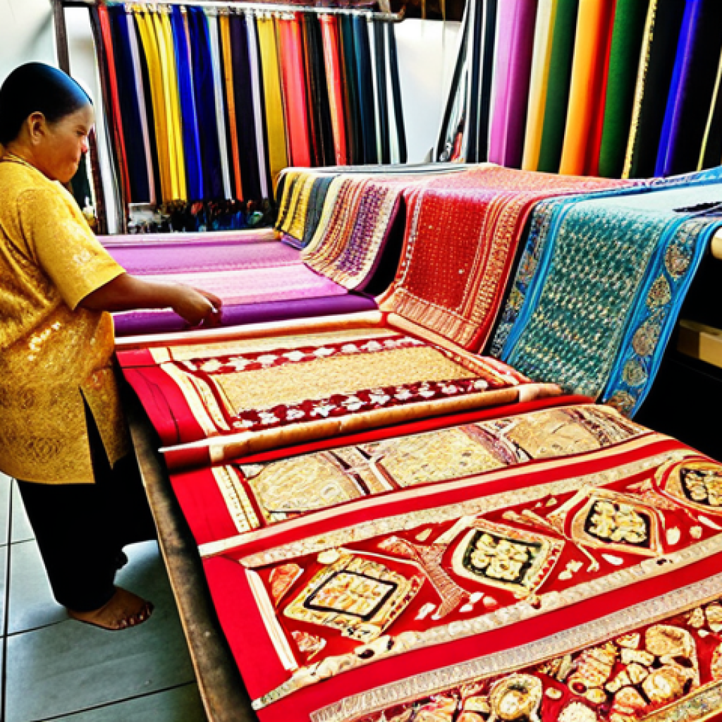 **A vibrant, detailed photograph of Songket fabrics displayed at a Brunei crafts market. The gold and silver threads should shimmer, showcasing the intricate patterns. Focus on the rich textures and the traditional weaving techniques. In the background, blurred figures of local artisans can be seen working on looms. High resolution, natural lighting.**