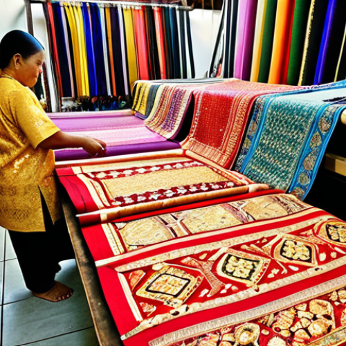 **A vibrant, detailed photograph of Songket fabrics displayed at a Brunei crafts market. The gold and silver threads should shimmer, showcasing the intricate patterns. Focus on the rich textures and the traditional weaving techniques. In the background, blurred figures of local artisans can be seen working on looms. High resolution, natural lighting.**