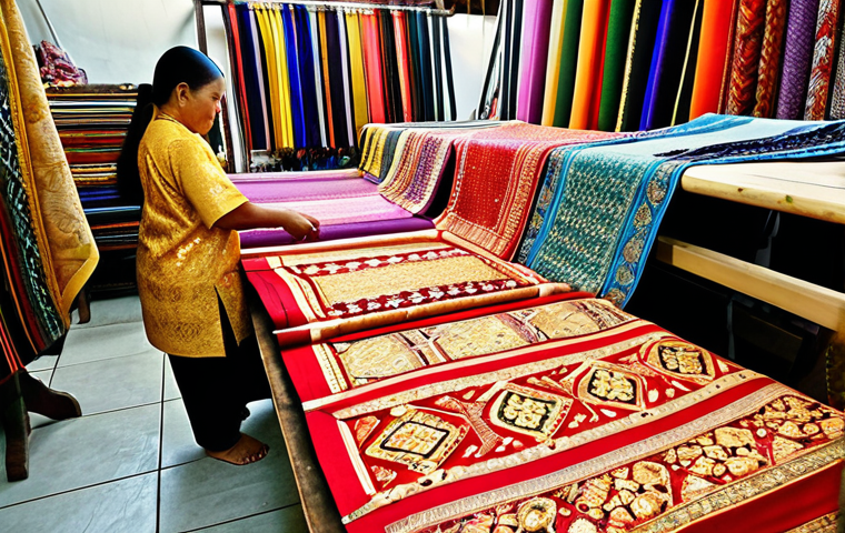 **A vibrant, detailed photograph of Songket fabrics displayed at a Brunei crafts market. The gold and silver threads should shimmer, showcasing the intricate patterns. Focus on the rich textures and the traditional weaving techniques. In the background, blurred figures of local artisans can be seen working on looms. High resolution, natural lighting.**
