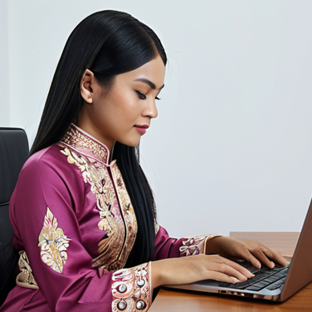 A Bruneian woman in traditional Baju Kurung, working on a laptop in a modern, minimalist office setting, showcasing the blend of tradition and modernity.