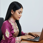 A Bruneian woman in traditional Baju Kurung, working on a laptop in a modern, minimalist office setting, showcasing the blend of tradition and modernity.