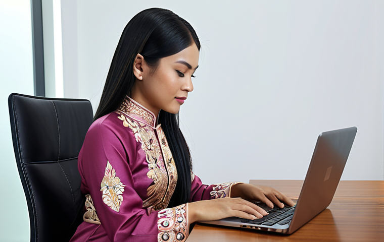 A Bruneian woman in traditional Baju Kurung, working on a laptop in a modern, minimalist office setting, showcasing the blend of tradition and modernity.