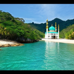 **Prompt 1: Brunei's Peak Season Paradise**
    "A vibrant, sunny panorama of Brunei during its dry season (February-April). Feature clear blue skies, a lush green canopy walk through Ulu Temburong rainforest, calm turquoise waters of the South China Sea perfect for snorkeling, and the gleaming majestic Omar Ali Saifuddien Mosque. The scene should evoke comfort, warmth, and ideal weather for outdoor exploration."