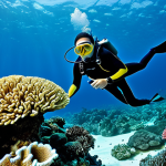 A professional diver in a full-body modest diving suit, observed from a respectful distance, gently interacting with the vibrant marine life of a healthy coral reef in crystal-clear Brunei waters. The scene features colorful fish, including clownfish nestled in an anemone, a graceful green sea turtle, and a sleek reef shark swimming peacefully in the background. The underwater landscape is rich with diverse, healthy hard and soft corals. The image conveys a sense of peaceful observation and awe. fully clothed, modest clothing, appropriate attire, professional dress, safe for work, appropriate content, family-friendly, perfect anatomy, correct proportions, natural pose, well-formed hands, proper finger count, natural body proportions, professional photography, high quality.