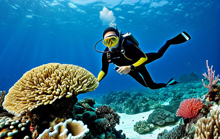 A professional diver in a full-body modest diving suit, observed from a respectful distance, gently interacting with the vibrant marine life of a healthy coral reef in crystal-clear Brunei waters. The scene features colorful fish, including clownfish nestled in an anemone, a graceful green sea turtle, and a sleek reef shark swimming peacefully in the background. The underwater landscape is rich with diverse, healthy hard and soft corals. The image conveys a sense of peaceful observation and awe. fully clothed, modest clothing, appropriate attire, professional dress, safe for work, appropriate content, family-friendly, perfect anatomy, correct proportions, natural pose, well-formed hands, proper finger count, natural body proportions, professional photography, high quality.